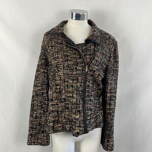 St John Black Brown Tweed Side Zip Leather Trim Jacket